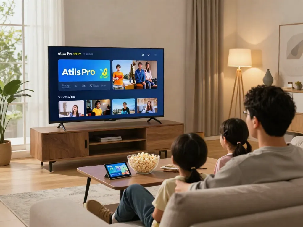 Une famille profitant de l'application Atlas Pro IPTV dans leur salon moderne, avec une ambiance chaleureuse.