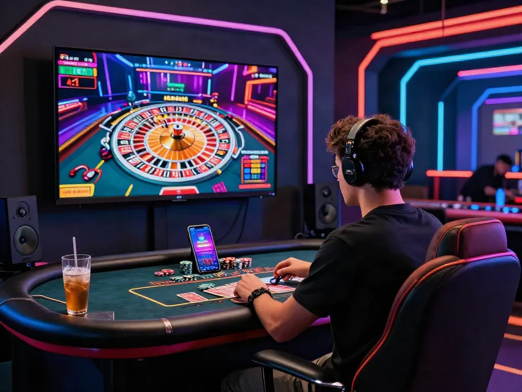 Un joueur sur https://studiobarw.com/ participant à un jeu de casino en direct dans un environnement immersif avec des lumières LED colorées et une expérience de jeu excitante.