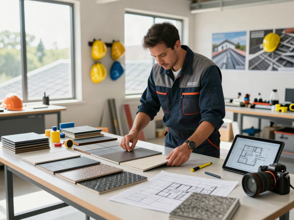 Examen des matériaux de toiture par un professionnel sur le programme Atlas pro, atelier lumineux et organisé.