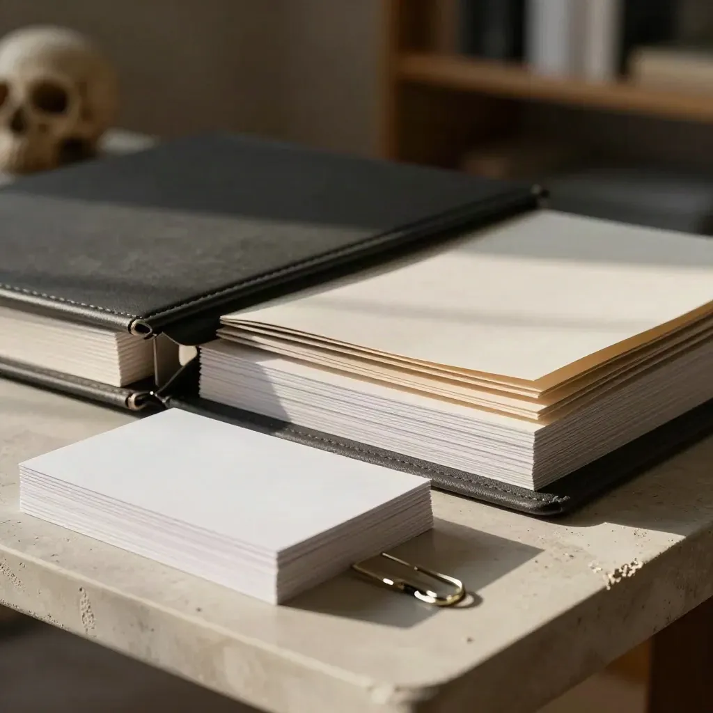 Kit d’audit de croissance avec classeurs mats, cartes et clips sur console en plâtre.