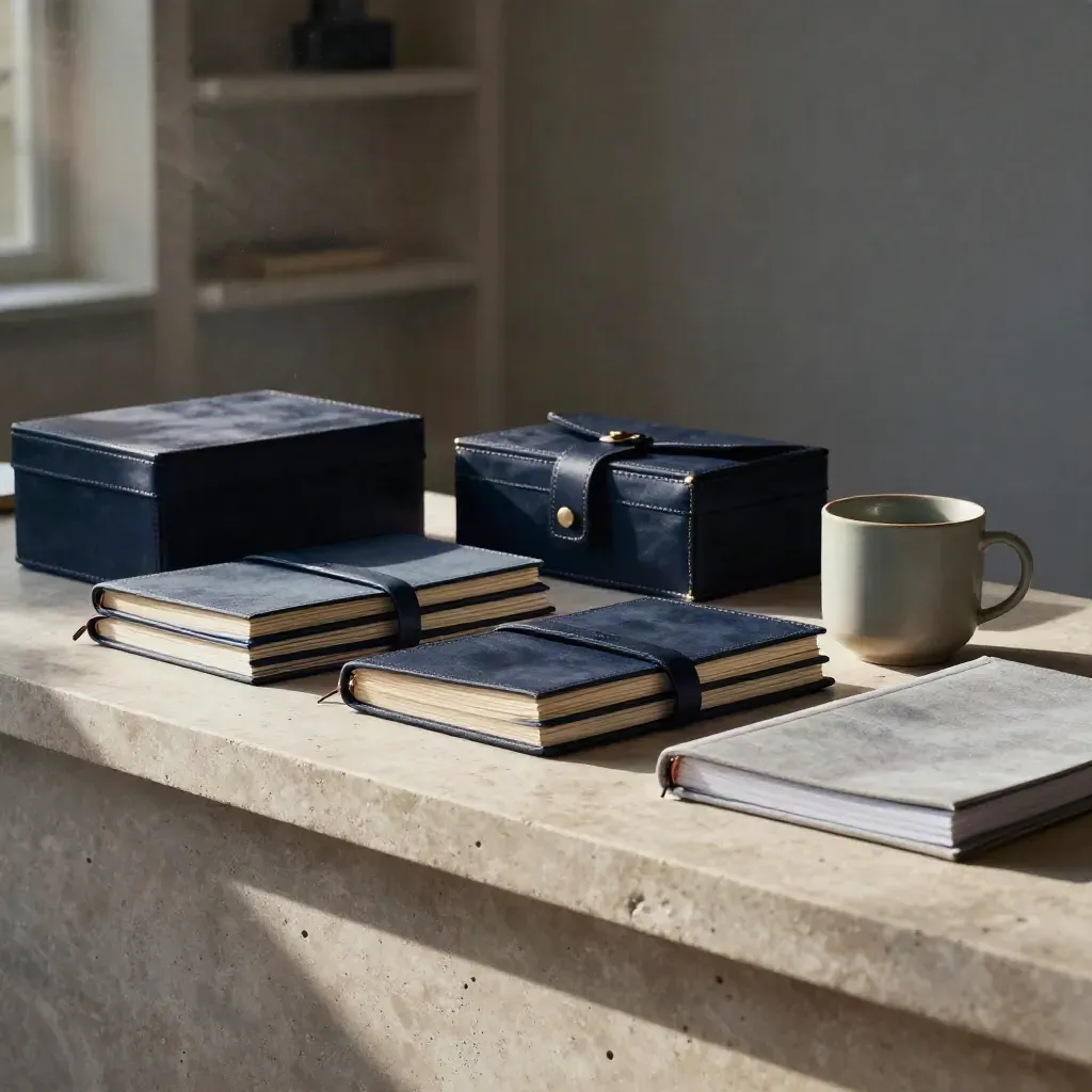 Studio de coaching premium en pierre claire, planners, cartes de stratégie et tasse en céramique.