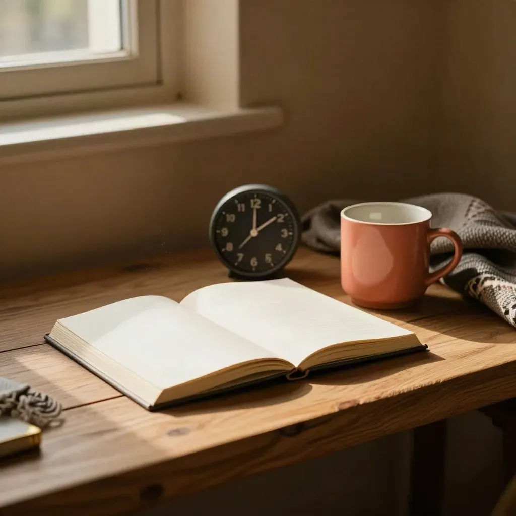 Coin de coaching calme avec journal ouvert, minuteur rond et tasse mate sur banc en chêne.
