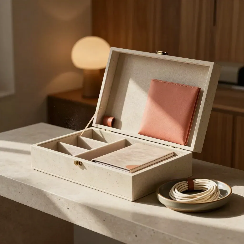 Kit d’onboarding client ouvert sur console claire, lumière chaude et accents corail.