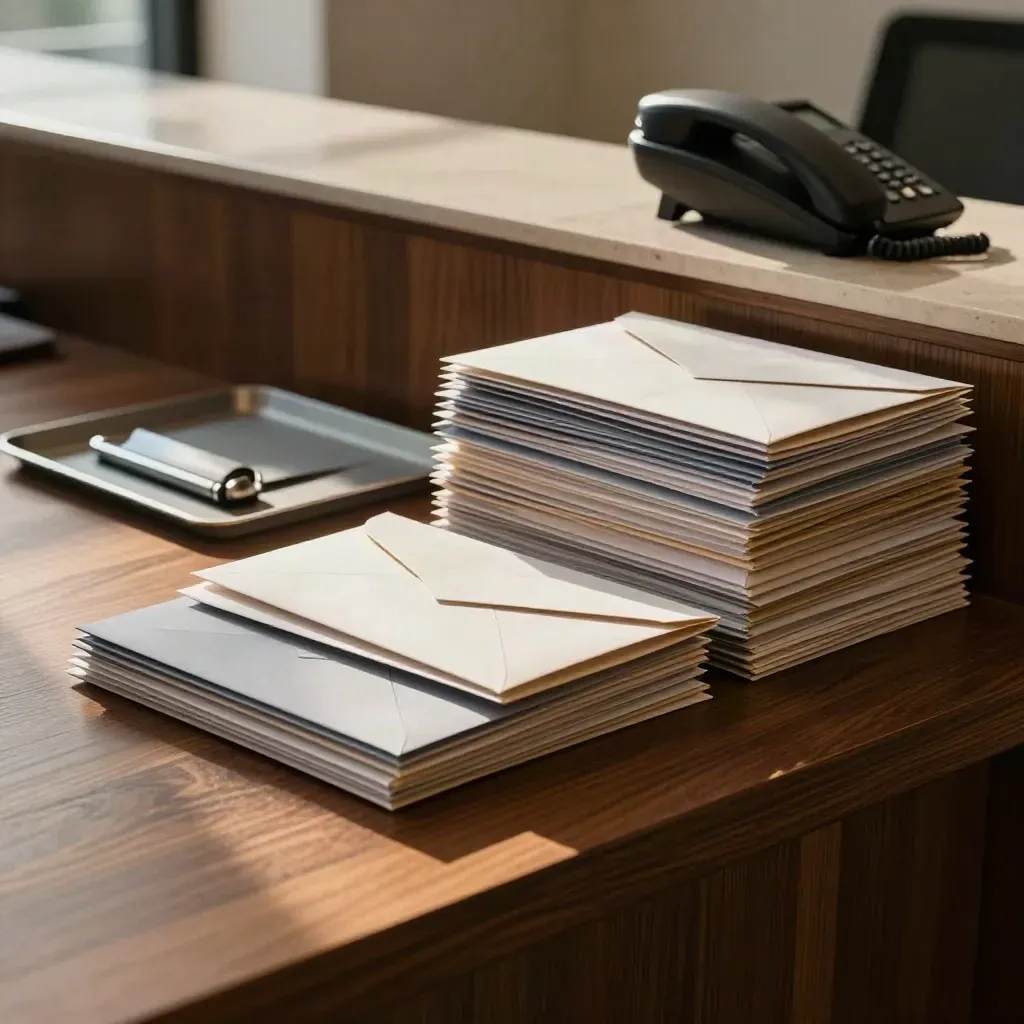 Console d’accueil avec pile d’enveloppes fermées, bac de réponses et téléphone retourné.