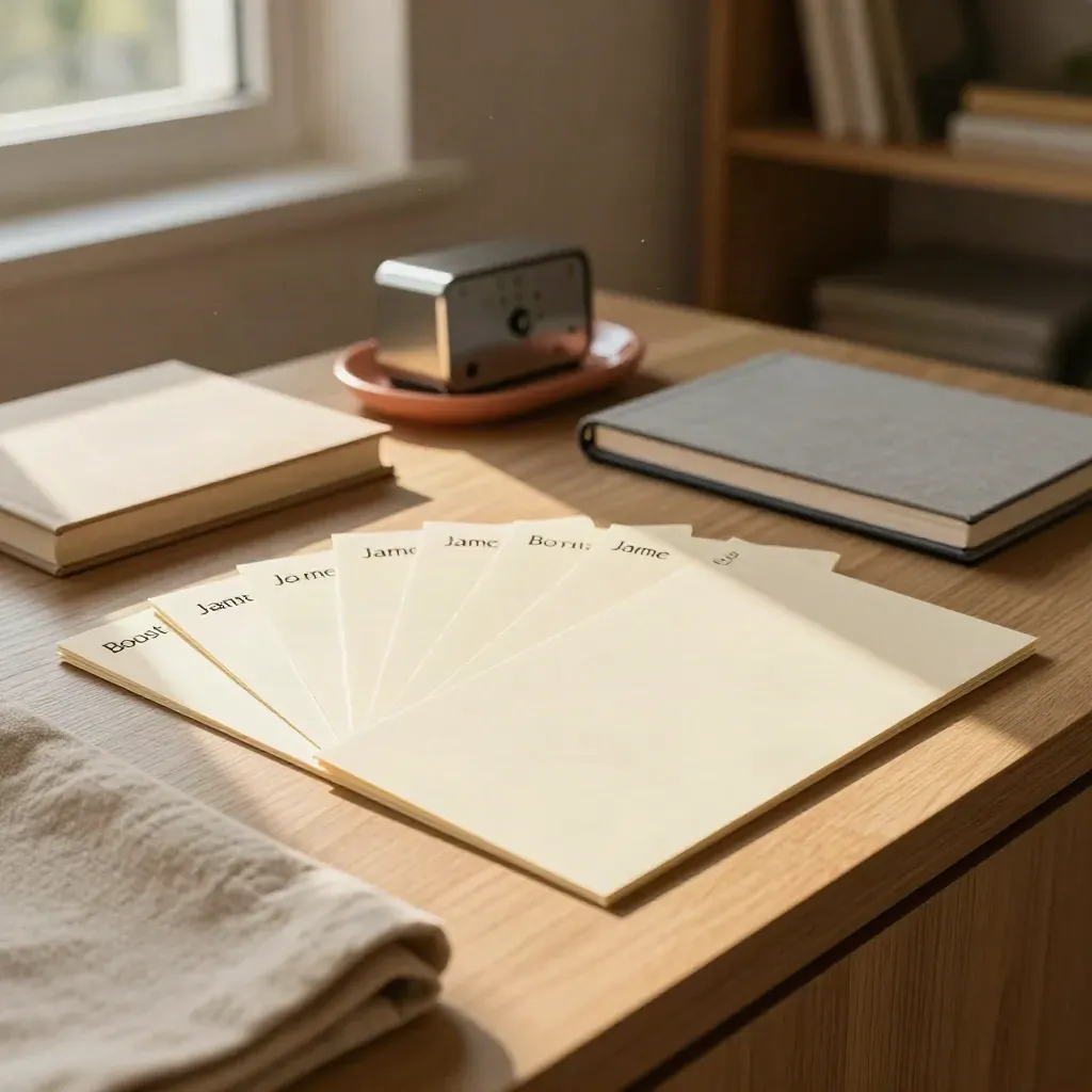 Cartes de planning, carnet fermé et minuteur sur un sideboard lumineux, lumière chaude.