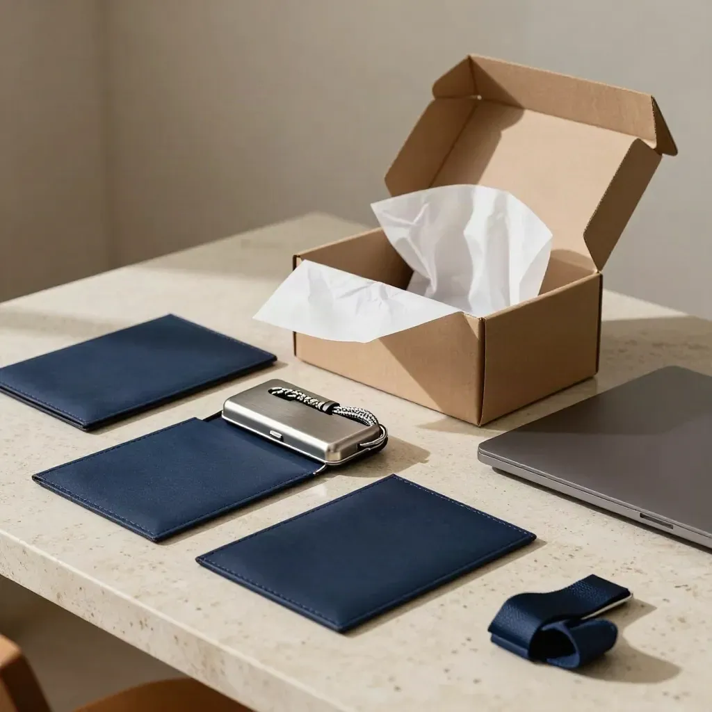 Kit de lancement client avec boîte ouverte, câbles, pochettes et ordinateur fermé sur travertin.