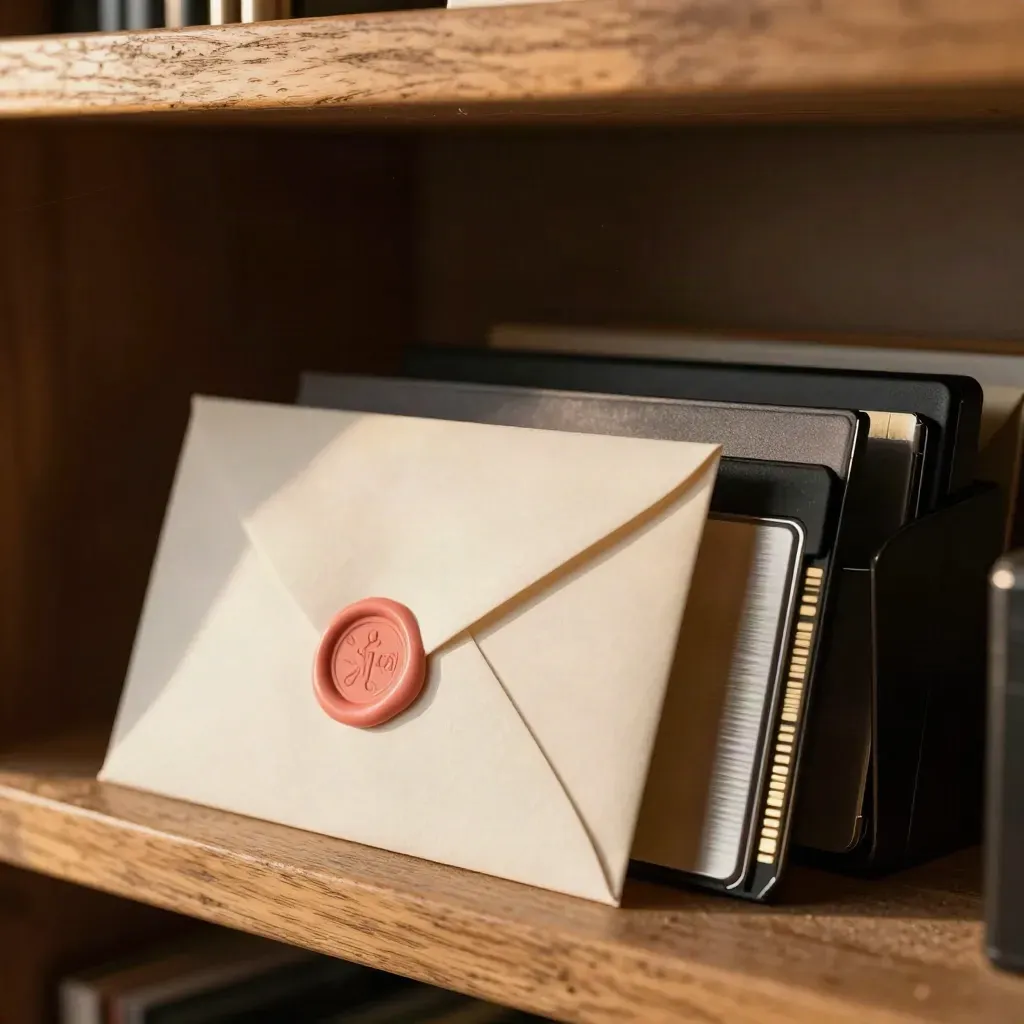 Étagère de demandes photo avec enveloppes scellées, cartes mémoire et caps, lumière chaude.