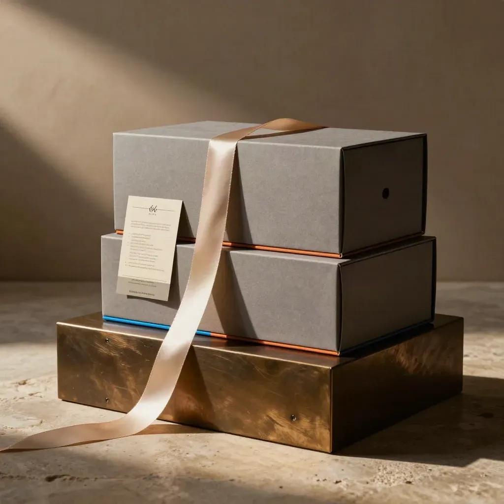 Pack de lancement d’offre en boîtes empilées, ruban coupé et socle, lumière dramatique.