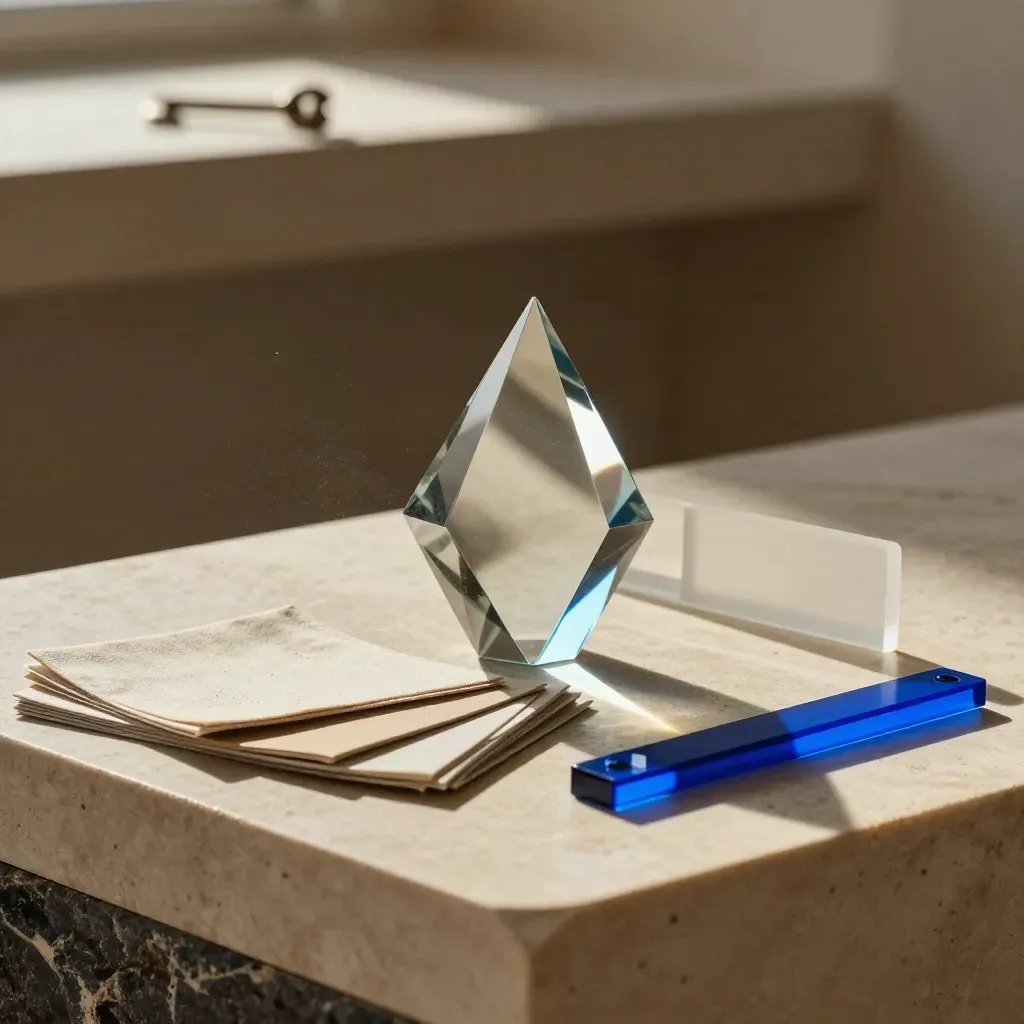 Nature morte premium avec prisme, swatches neutres, disque céramique et reflet bleu sur pierre pâle.