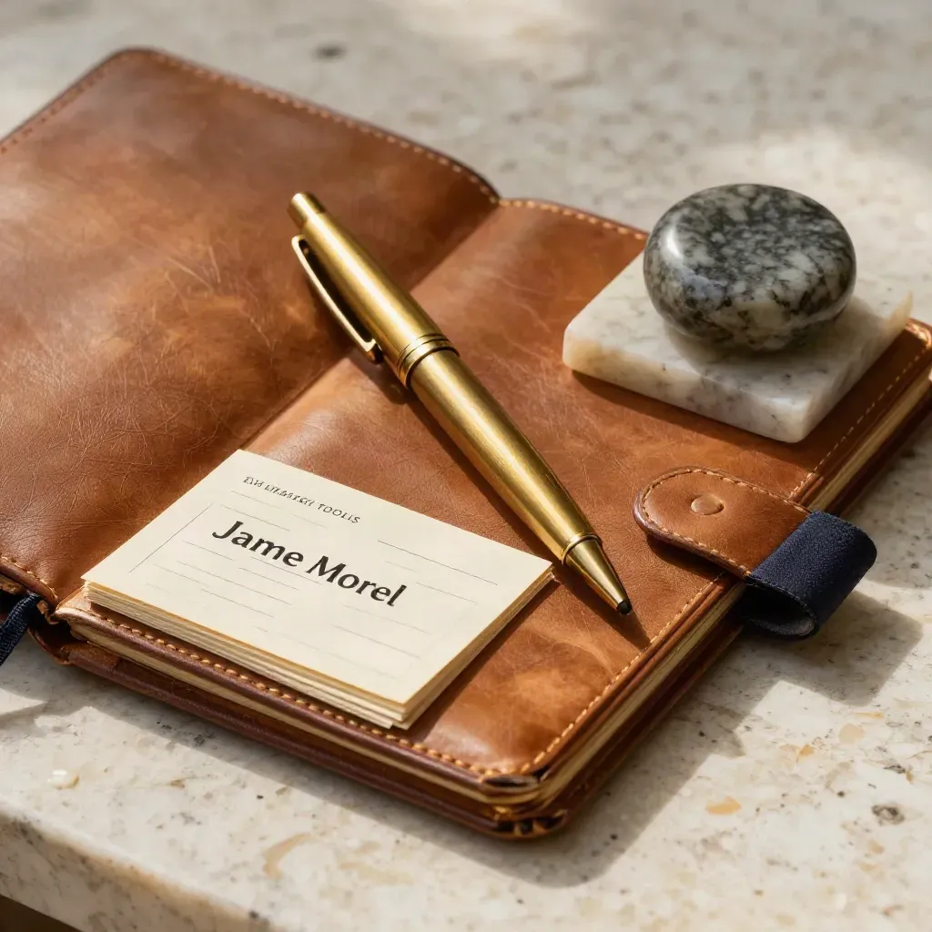 Carnet en cuir, stylo en laiton, cartes et galet sur travertin, en macro à lumière rasante.