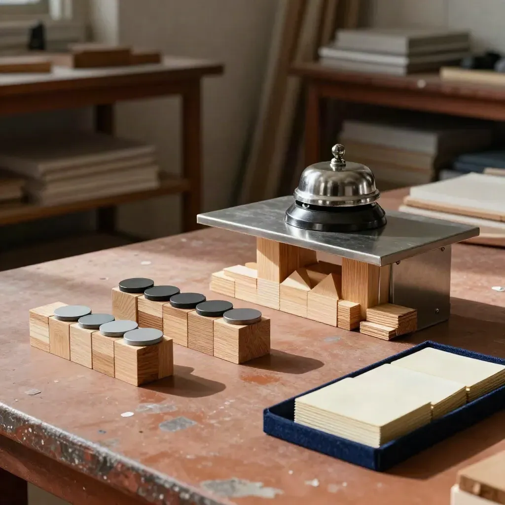Objets d’atelier de formation sur bois, cartes vierges et jetons magnétiques en lumière douce.