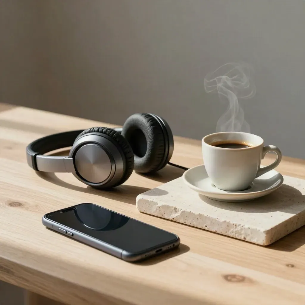 Casque discret, téléphone retourné et espresso sur plateau de pierre, lumière douce.