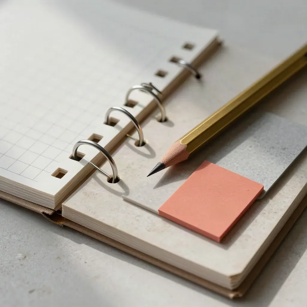 Vue zénithale d’onglets reliés, d’un crayon et d’une pince laiton sur pierre claire.