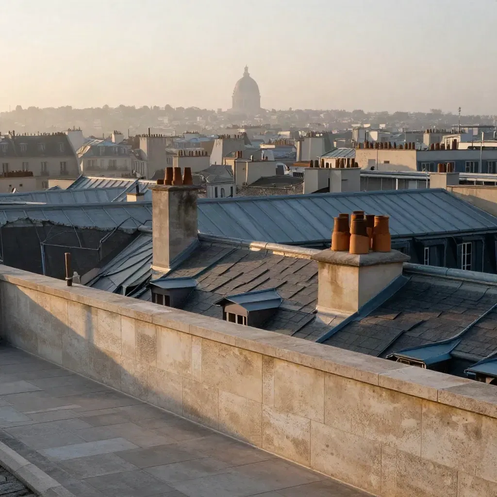 Toits parisiens dans la brume avec une terrasse en pierre claire au premier plan.