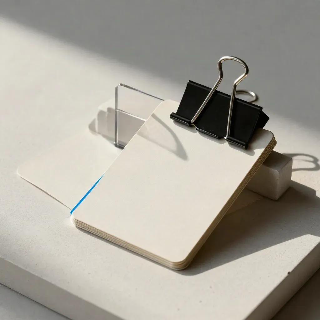 Trois cartes d’échantillons neutres, séparateur acrylique et pince noire sur fond plâtré.