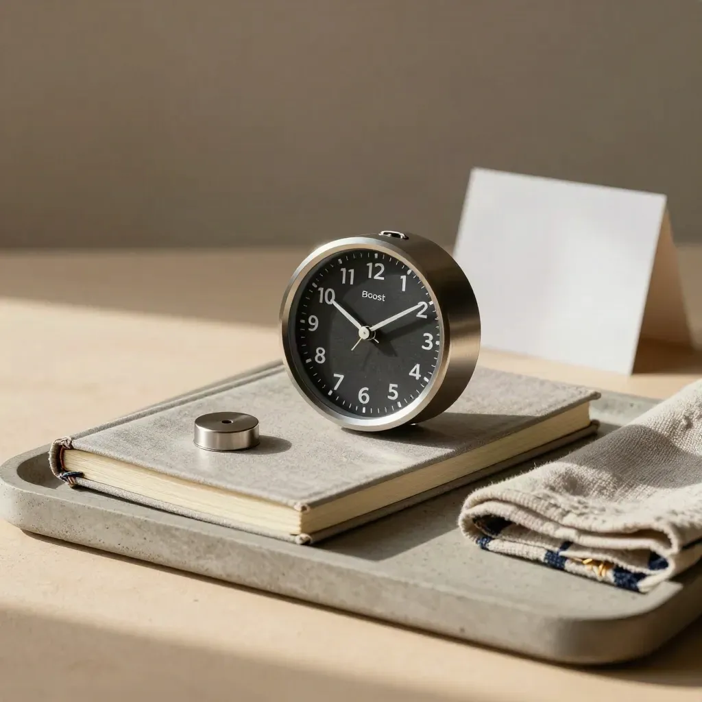 Horloge, deux carnets et jeton métallique sur plateau de pierre, lumière douce.