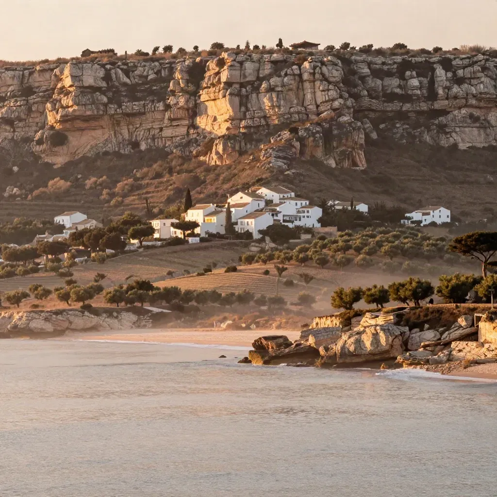 Falaises calcaires, village côtier discret et collines d’oliviers dans la lumière du soir.