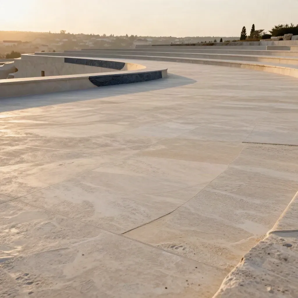 Terrasse de pierre claire en France, horizon lointain dans une lumière chaude et brumeuse.
