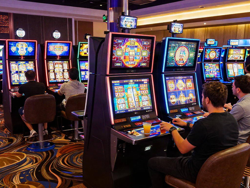 Ambiance festive au i24Slots Casino avec des joueurs profitant des machines à sous.