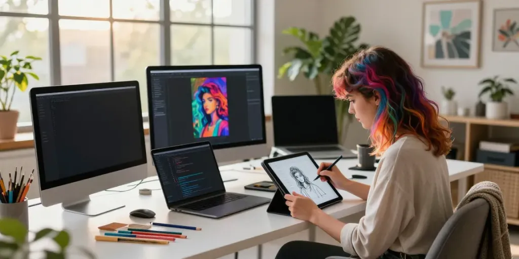 Creative workspace featuring a digital artist designing ai nsfw models, highlighting technology and artistic elements.